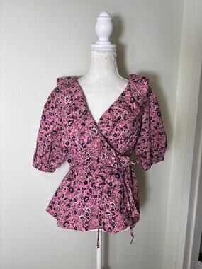 Roller Rabbit Pink Navy Half Sleeve Cotton Wrap Shirt Sz S